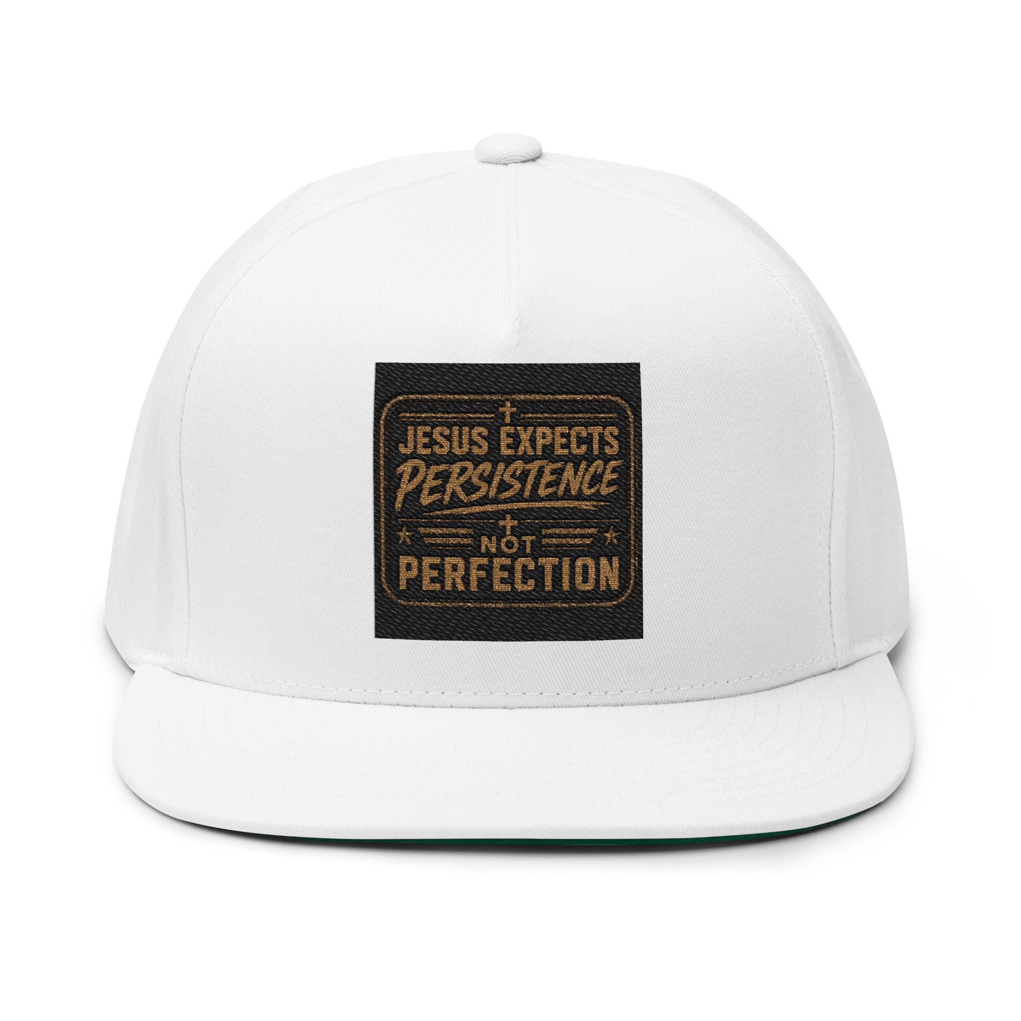 Embroidered Flat Bill Cap — "Jesus Expects Persistence, Not Perfection" Patch