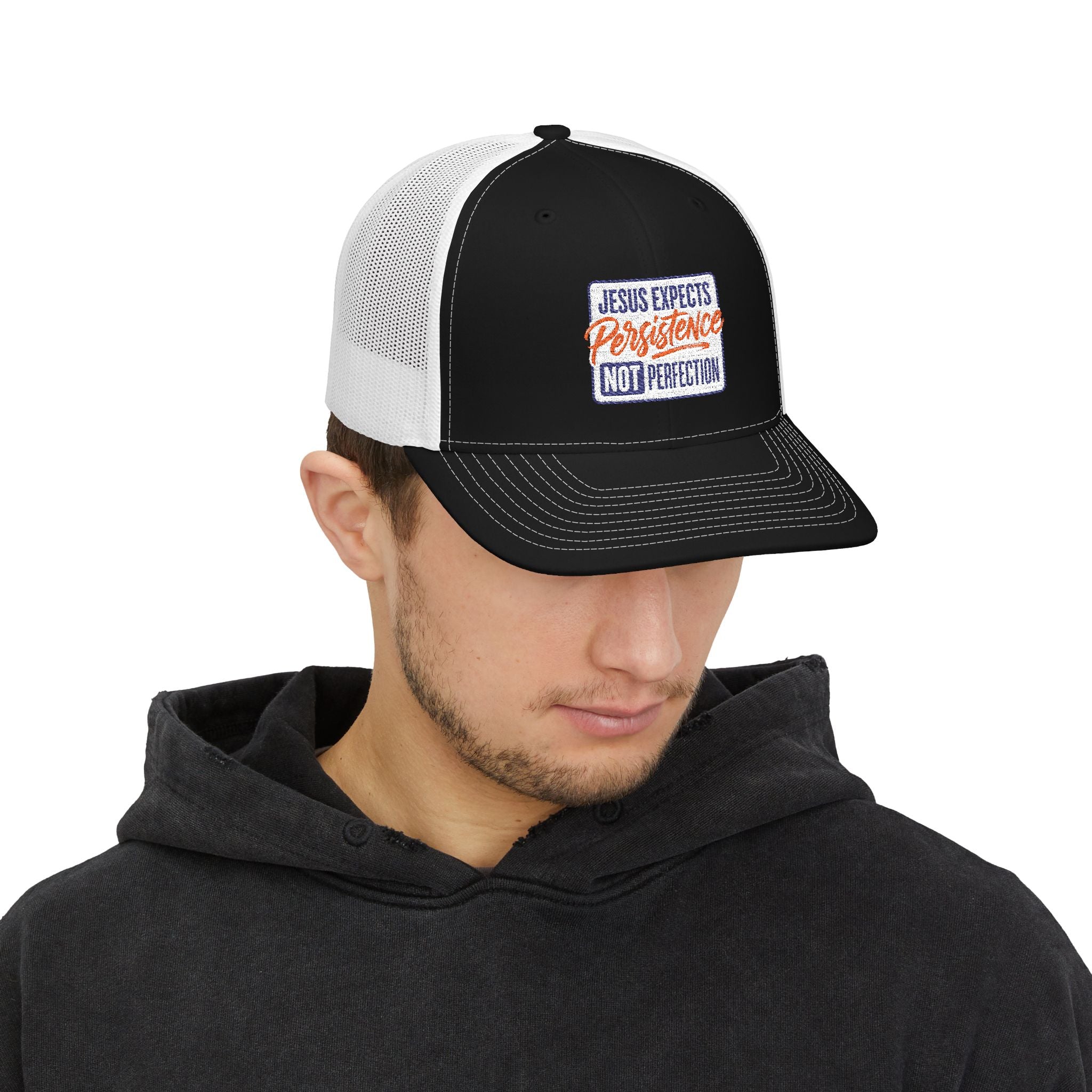 Christian Trucker Hat — "Jesus Expects Persistence Not Perfection" Snapback