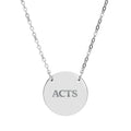 Engraved Circle Necklace — "ACTS" Personalized Pendant, Minimalist Silver Gift for Her