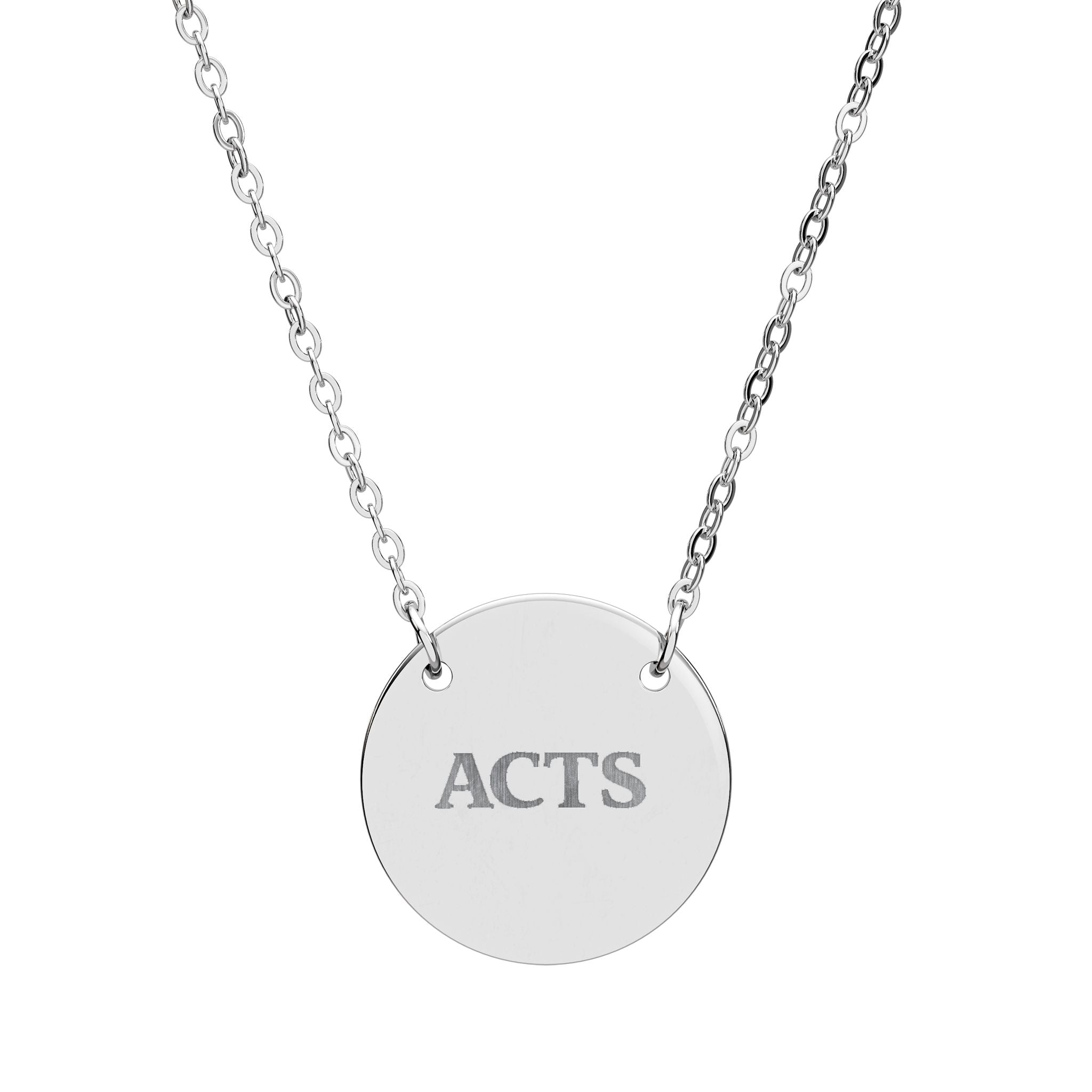 Engraved Circle Necklace — "ACTS" Personalized Pendant, Minimalist Silver Gift for Her